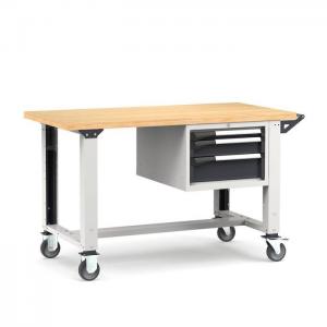 Etabli mobile avec bloc 3 tiroirs, Long 1500mm avec 4 roues, Prof 75cm, H 92...127cm, Plateau 40 mm avec pieds réglables en hauteur, Charge Maxi: 300 kg